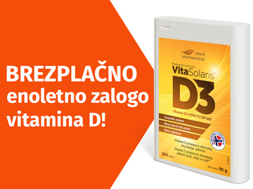 Natural Pharmaceuticals VitaSolaris® D3 Pakiranje dodatka prehrani VitaSolaris® D3 uz istaknuti natpis: „BESPLATNA godišnja zaliha vitamina Ds”.