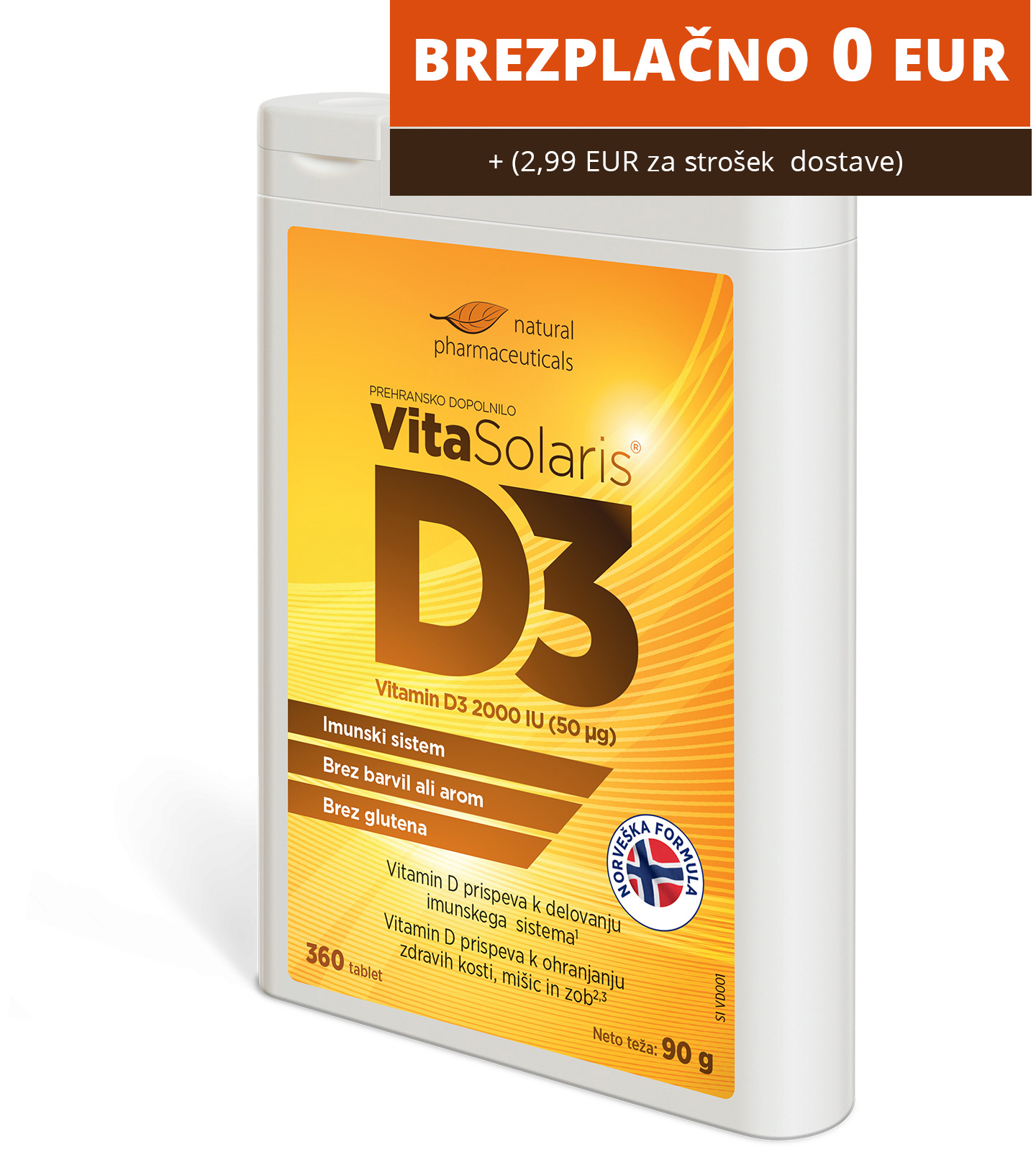 Natural Pharmaceuticals VitaSolaris® D3 Toidulisandi VitaSolaris® D3 D3 (2000 IU, 50 µg) pakend, mis sisaldab 360 D3-vitamiini tabletti. 
          Graafika ülaosas on bänner kirjaga „TASUTA 0 EUR” ja lisandiga „(+ 2,99 EUR saatukulu)”.