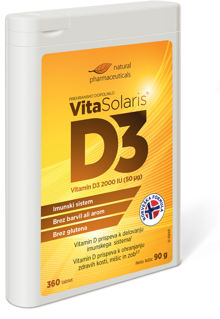 Natural Pharmaceuticals VitaSolaris® D3 naravno prehransko dopolnilo. Pakiranje vsebuje 360 tablet vitamina D3 (2000 IU / 50 µg). Na embalaži je poudarjeno: ne vsebuje barvil ali dišav, podpira imunski sistem, izdelek brez glutena.